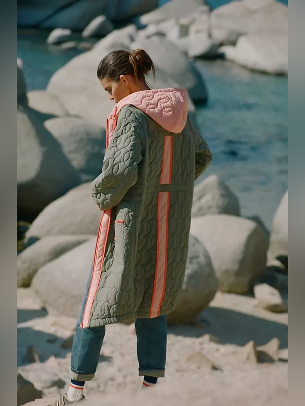 DAILY PRACTICE anthropologie Quilted Hooded Parka Coat with Coral Trim M Green